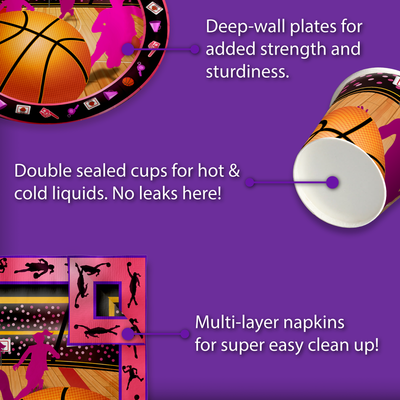 Pink Girl Basketball Birthday Party Tableware Kit For 16 Guests - BirthdayGalore.com
