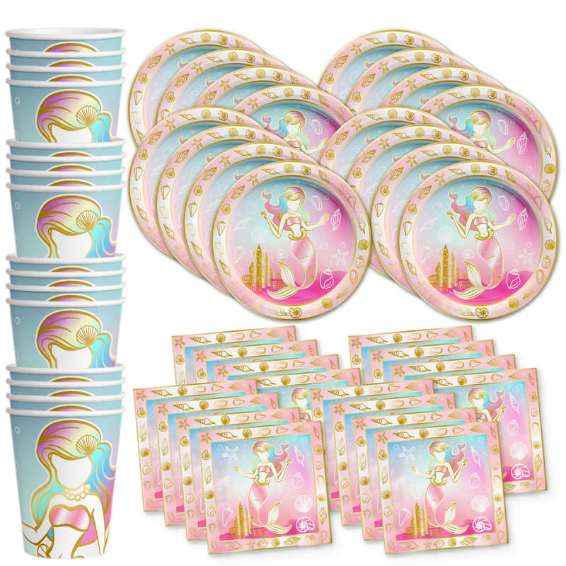 Mermaids Gold Birthday Party Tableware Kit For 16 Guests - BirthdayGalore.com