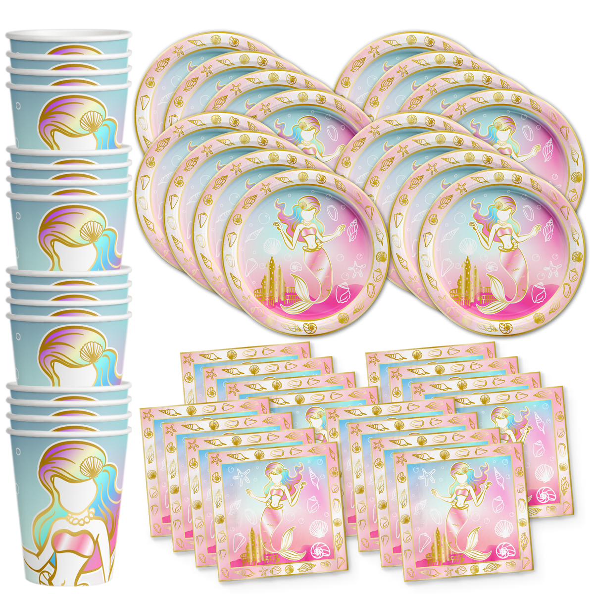 Mermaids Gold Birthday Party Tableware Kit For 16 Guests - BirthdayGalore.com