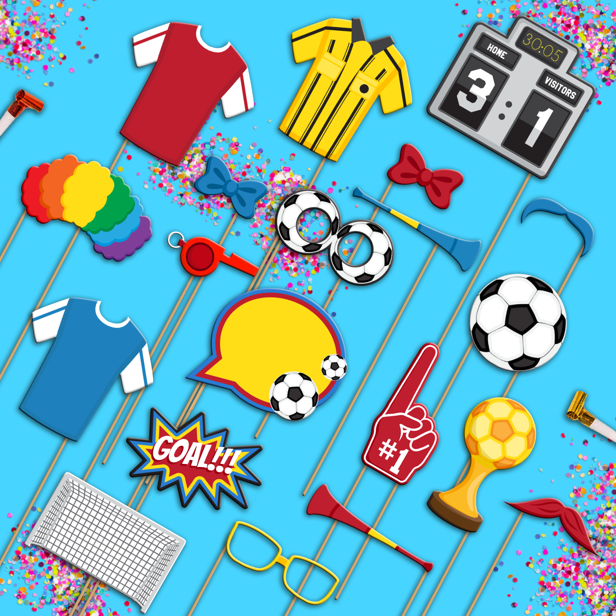 Soccer Photo Booth Props 20pcs Assembled - BirthdayGalore.com