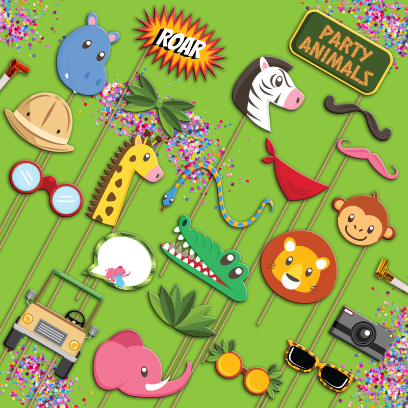 Jungle Animals Photo Booth Props 20pcs Assembled - BirthdayGalore.com