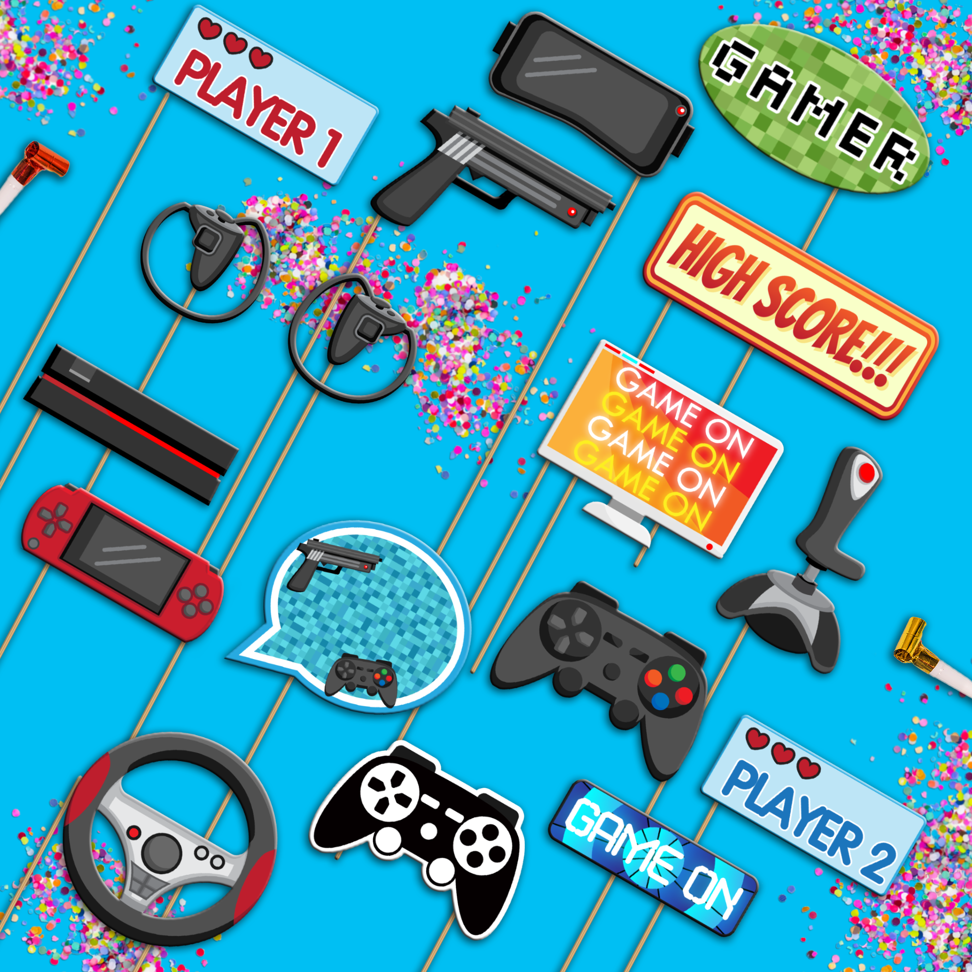 Video Game Photo Booth Props 20pcs Assembled - BirthdayGalore.com