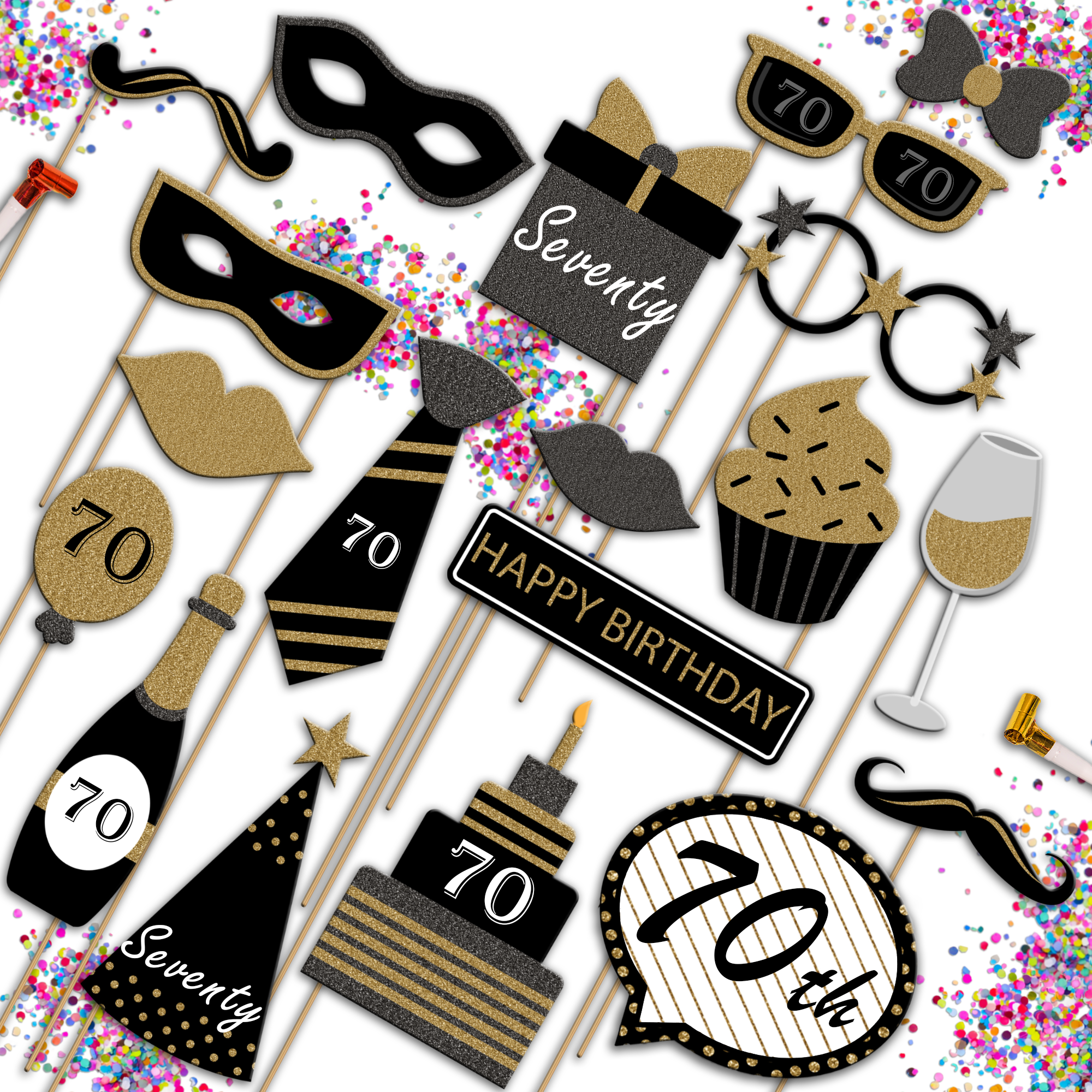 70th Birthday Black & Gold Photo Booth Props 20pcs Assembled - BirthdayGalore.com