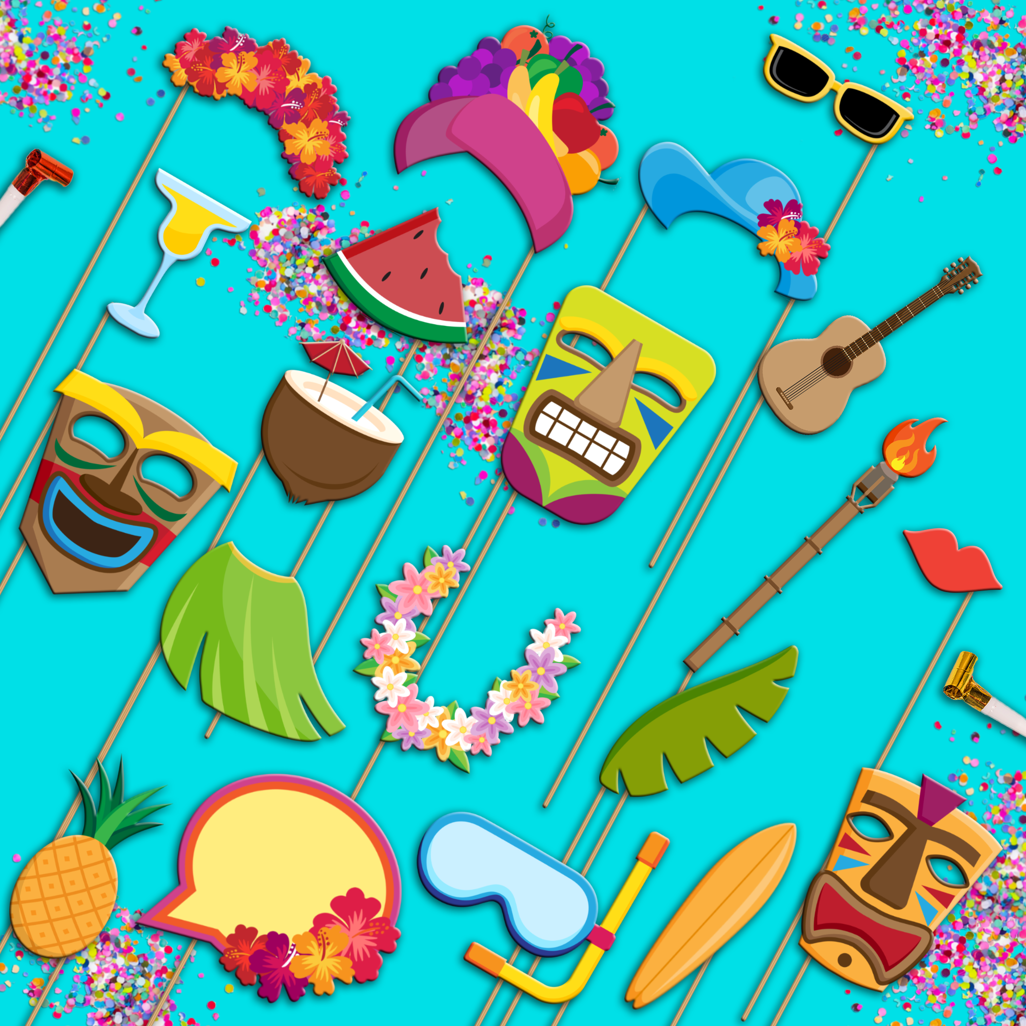 Hawaiian Luau Photo Booth Props 20pcs Assembled - BirthdayGalore.com