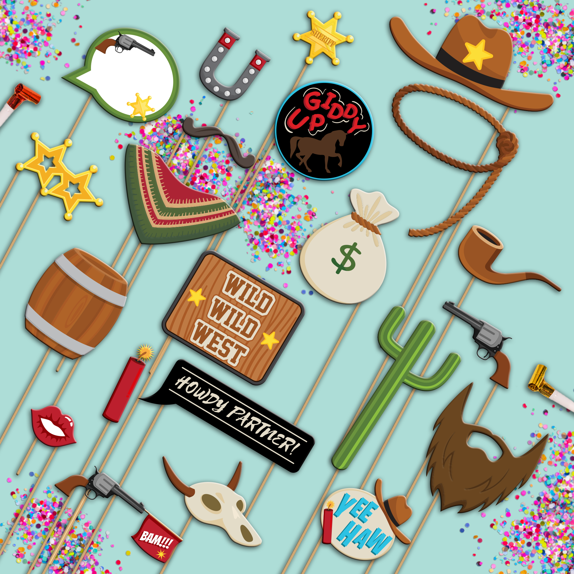 Cowboy Photo Booth Props 20pcs Assembled - BirthdayGalore.com