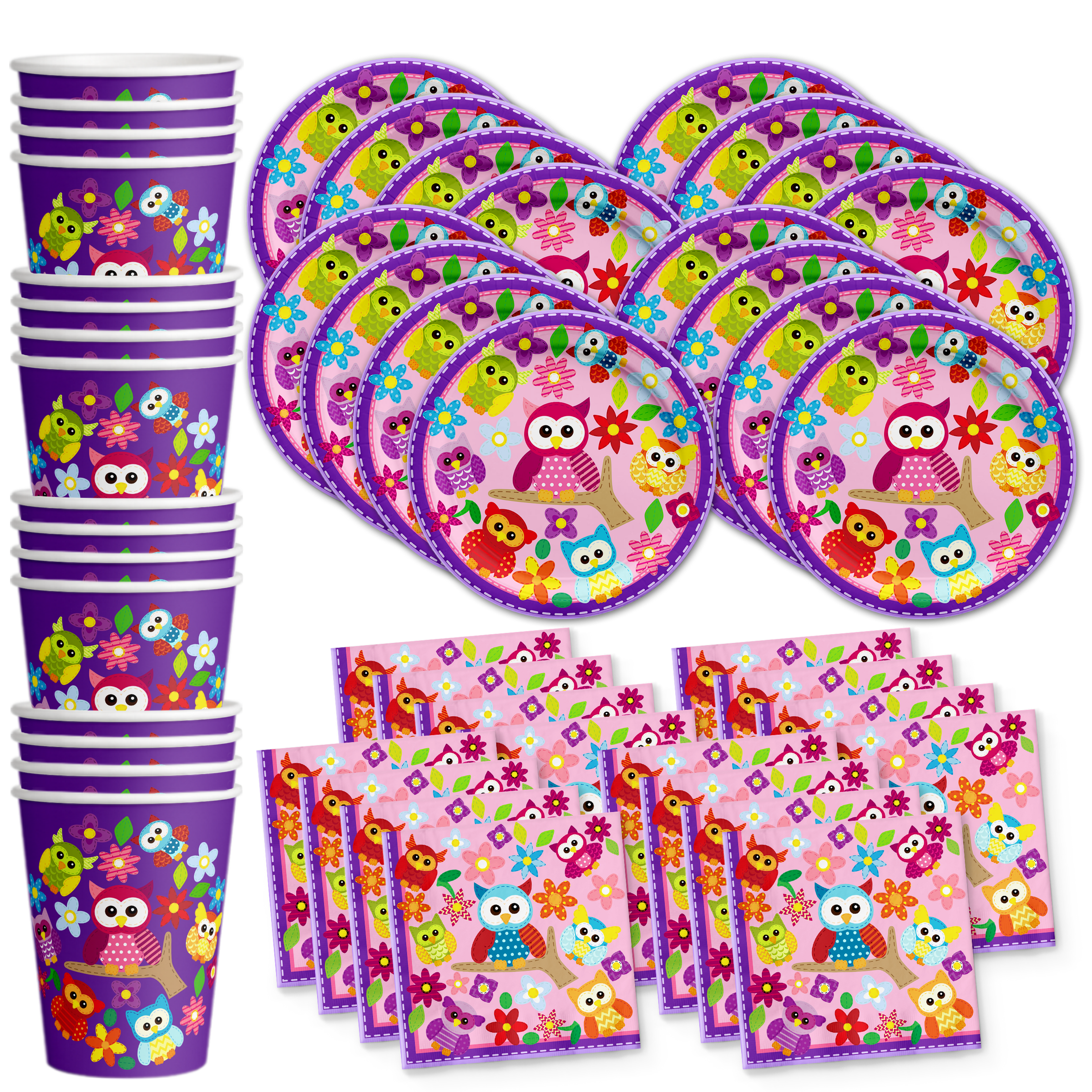 Patchwork Owl Birthday Party Tableware Kit For 16 Guests - BirthdayGalore.com