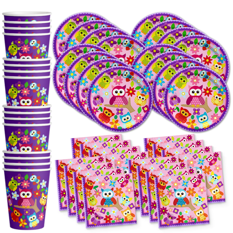 Patchwork Owl Birthday Party Tableware Kit For 16 Guests - BirthdayGalore.com