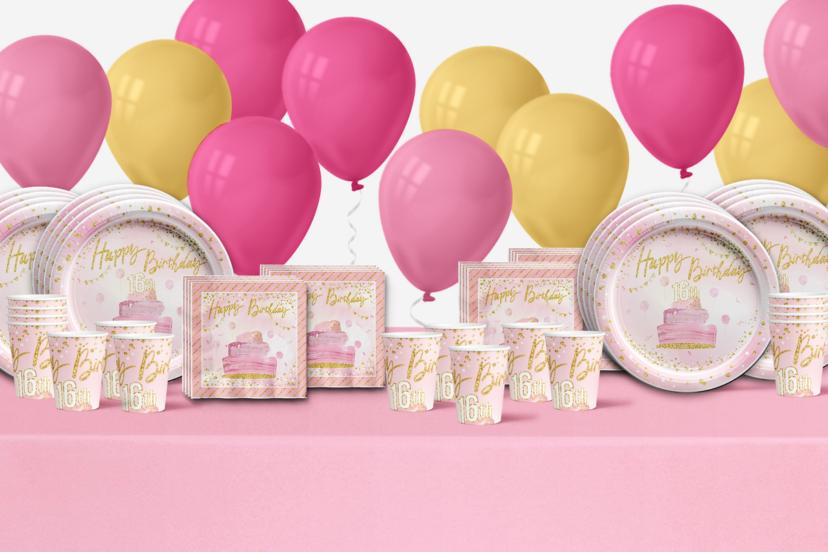 Sweet 16th Pink and Gold Birthday Party Tableware for 16 Guests