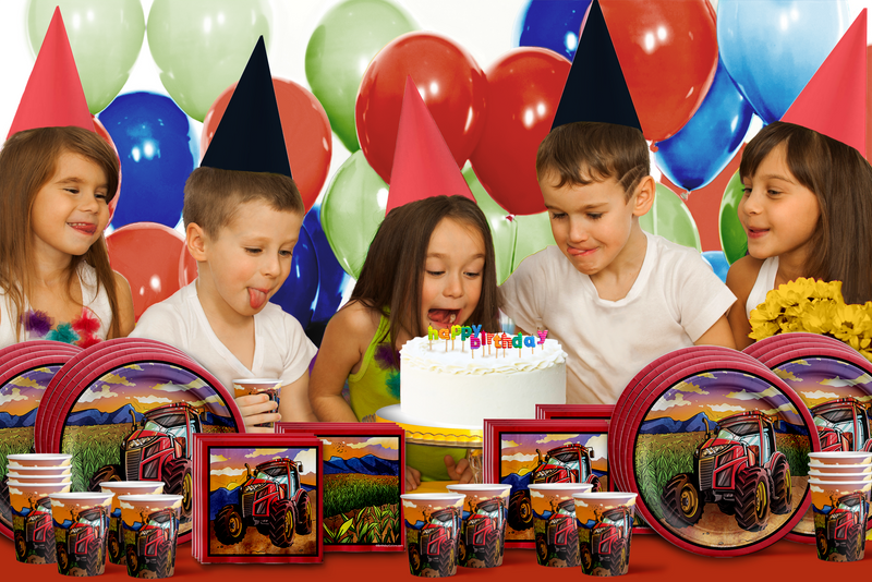 Red Tractor Birthday Party Tableware Kit For 16 Guests