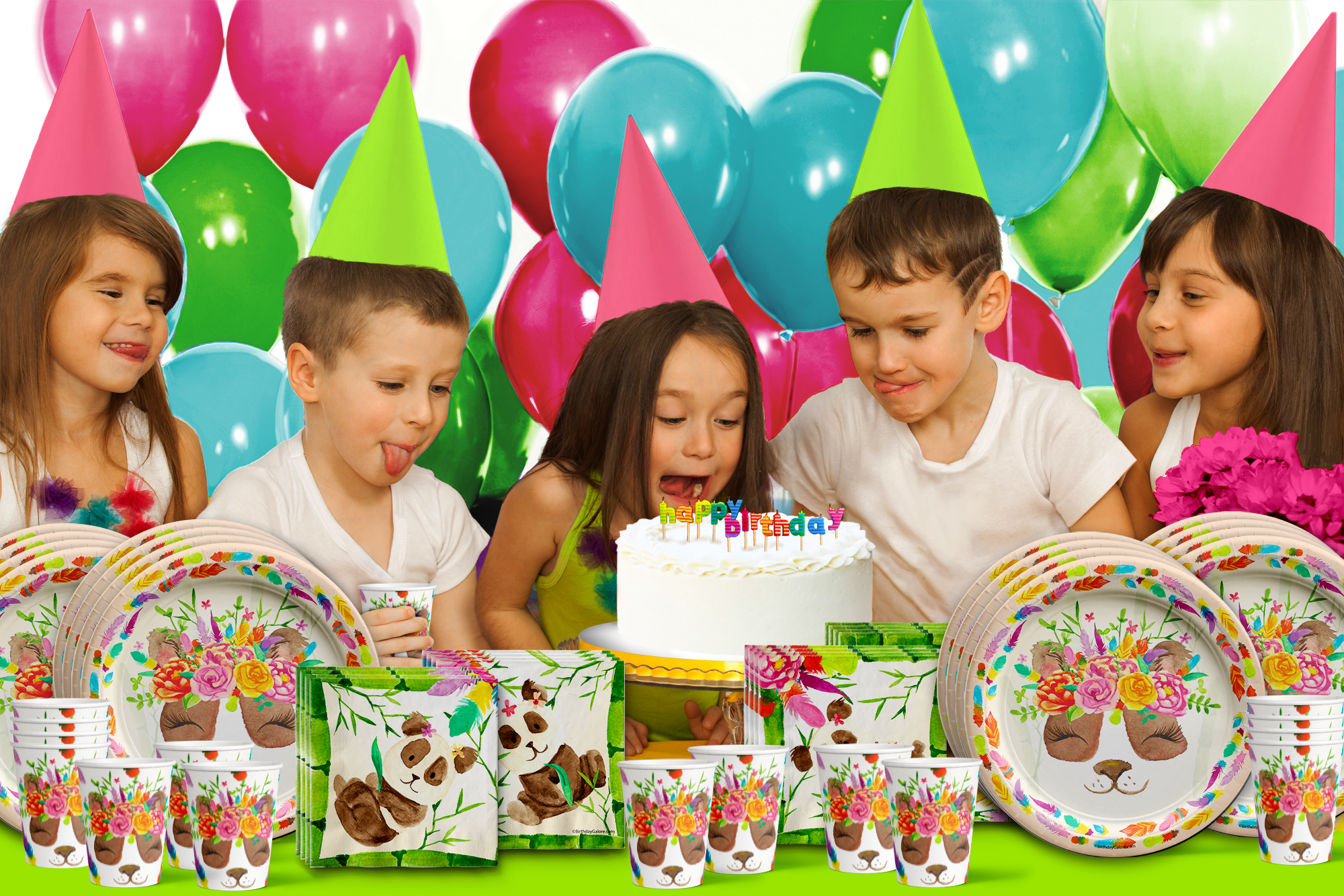 Panda Floral Birthday Party Tableware Kit For 16 Guests