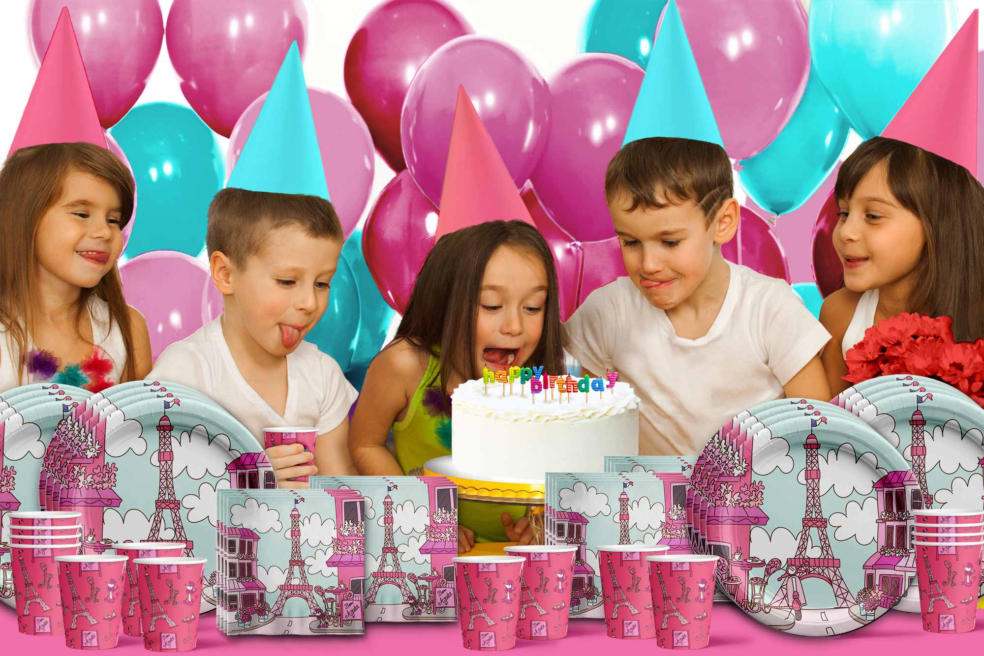 Pink Paris Birthday Party Tableware Kit For 16 Guests - BirthdayGalore.com