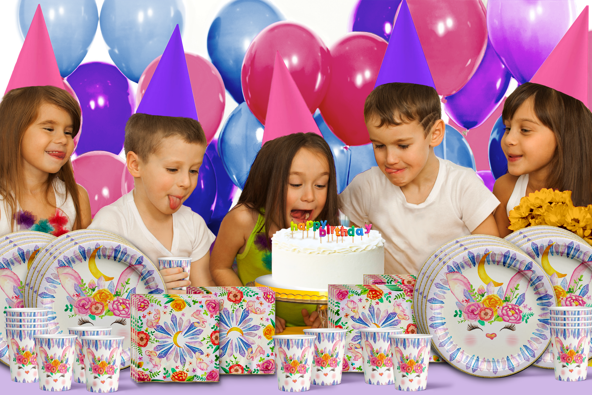 Floral Bunny Rabbit Birthday Party Tableware Kit For 16 Guests