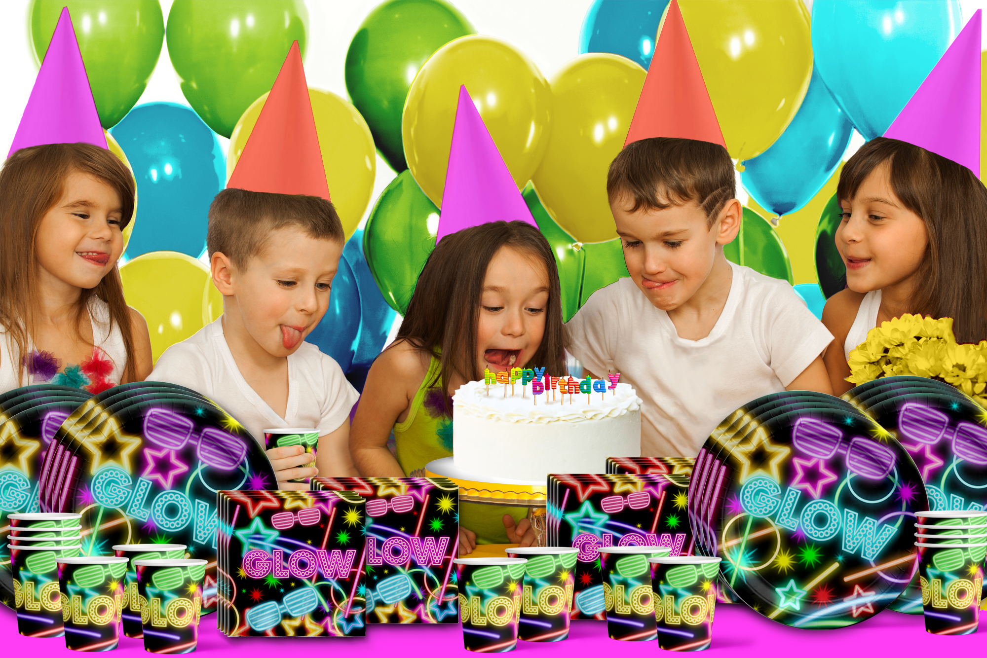 Glow Light Neon Birthday Party Tableware Kit For 16 Guests - BirthdayGalore.com