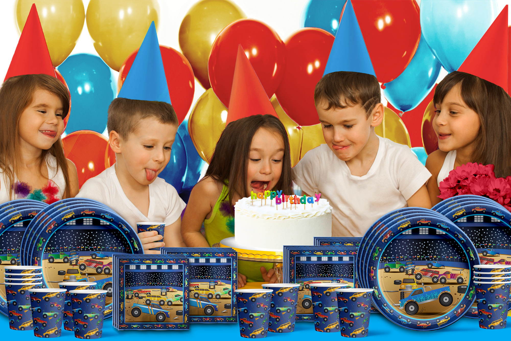 Monster Truck Birthday Party Tableware Kit For 16 Guests - BirthdayGalore.com