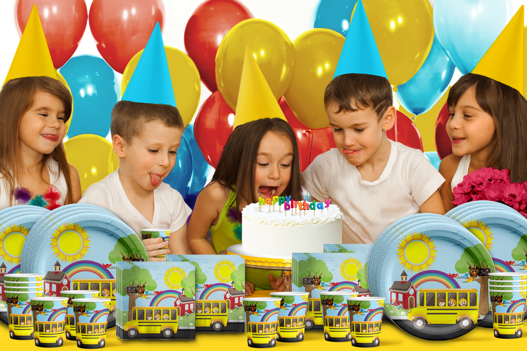 School Bus Birthday Party Tableware Kit For 16 Guests - BirthdayGalore.com