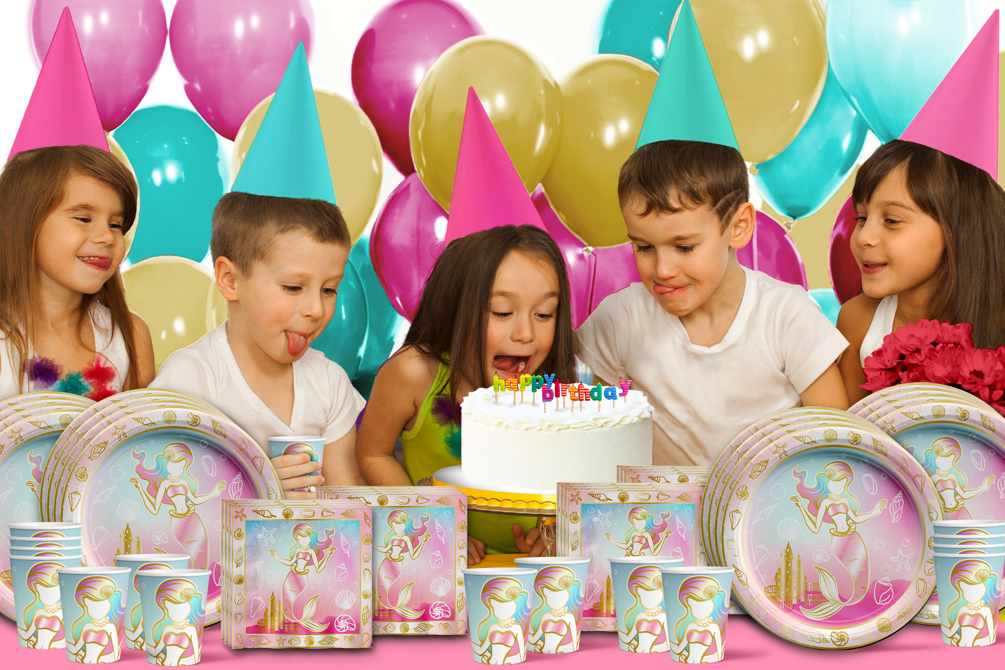 Mermaids Gold Birthday Party Tableware Kit For 16 Guests - BirthdayGalore.com