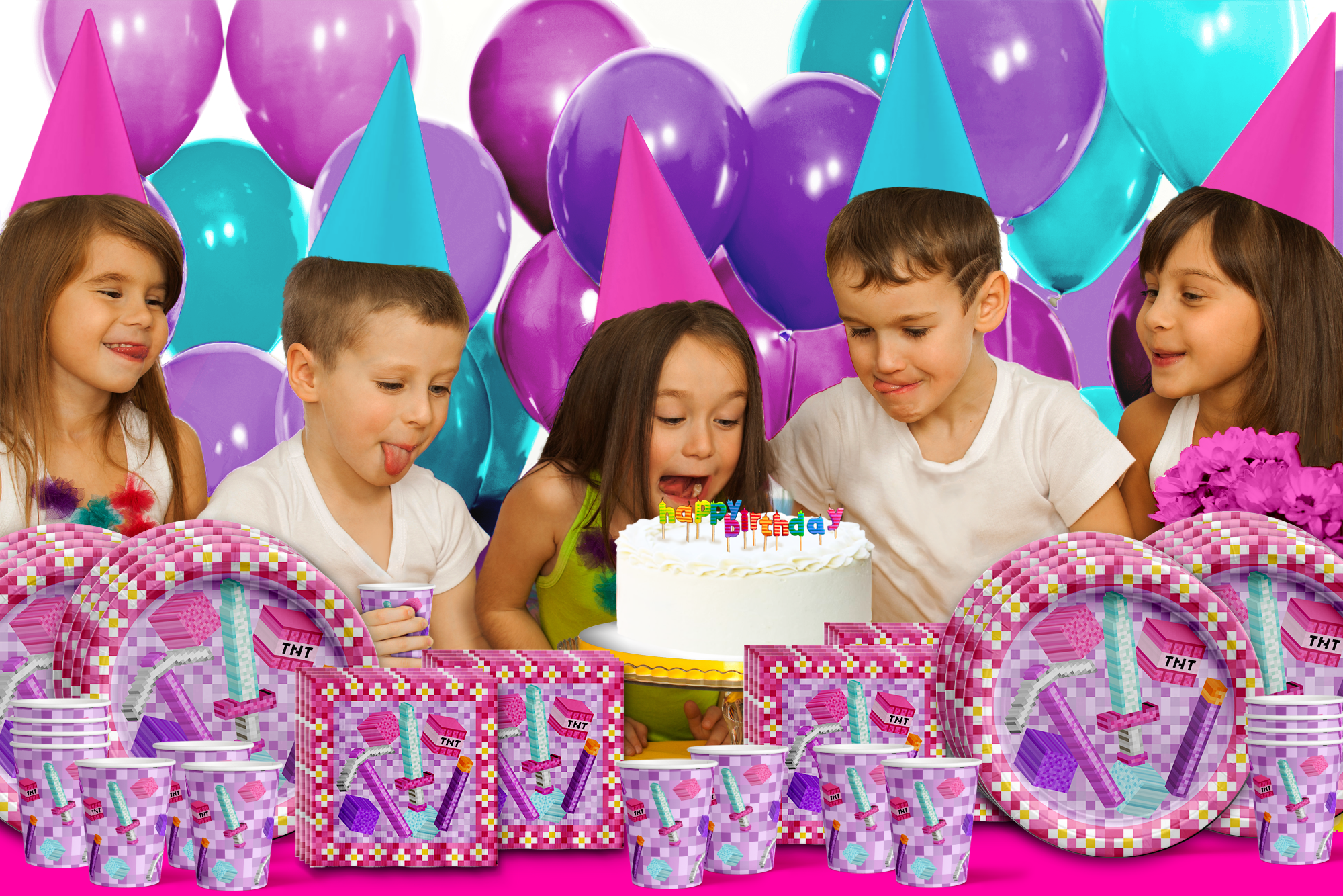 Girl Mining Pixel Birthday Party Tableware Kit For 16 Guests - BirthdayGalore.com