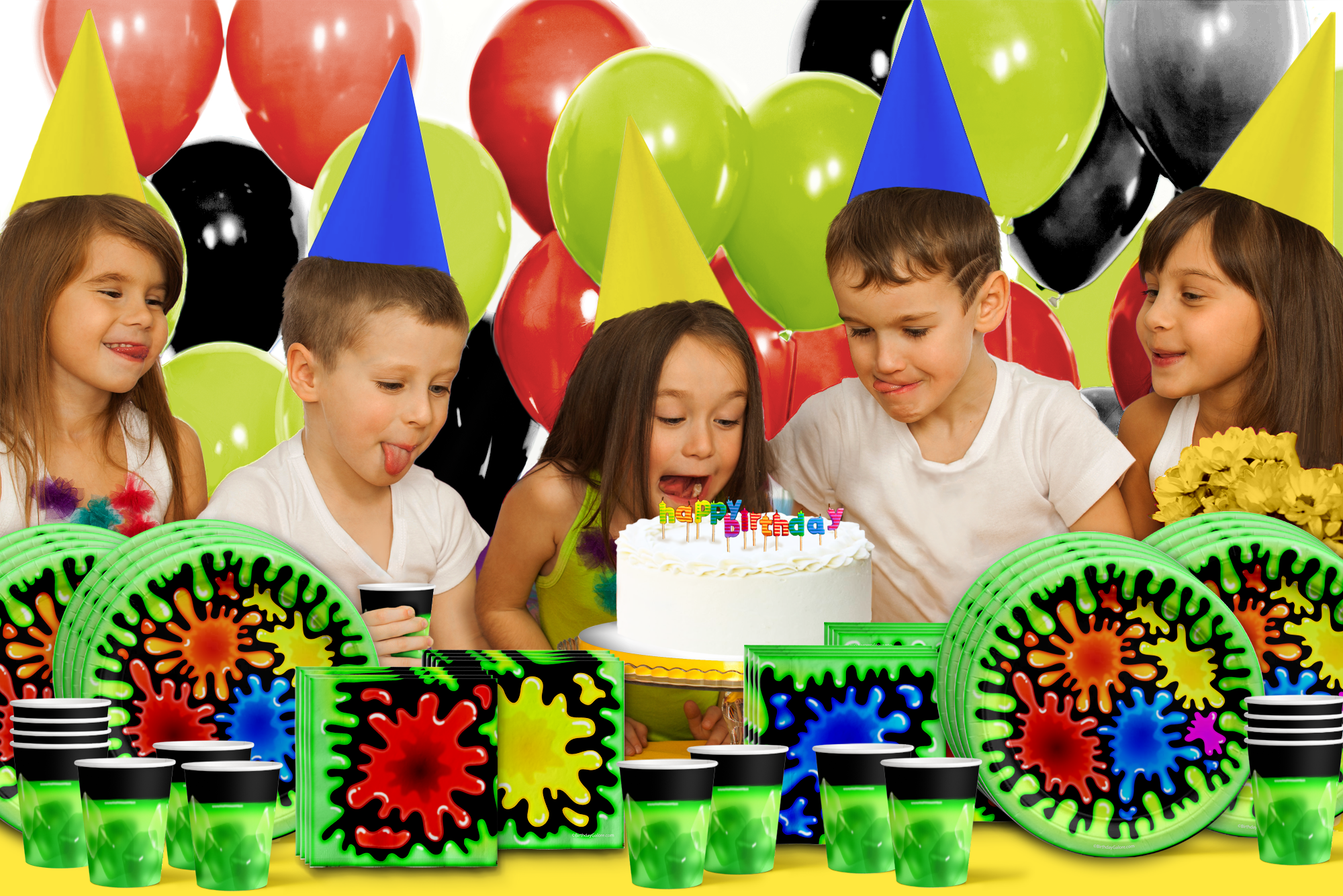 Boy's Slime Birthday Party Tableware Kit For 16 Guests