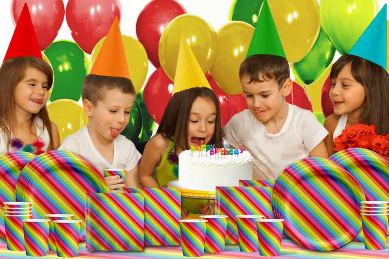 Rainbow Stripes Birthday Party Tableware Kit For 16 Guests - BirthdayGalore.com