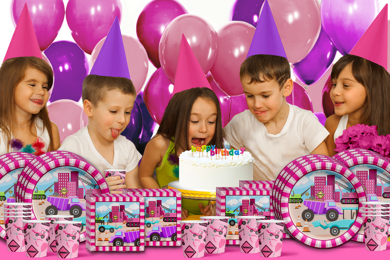 Construction Trucks Girl Birthday Party Tableware Kit For 16 Guests - BirthdayGalore.com