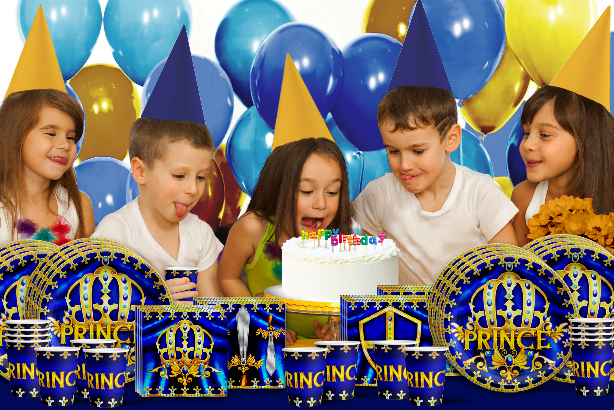 Royal Blue Prince Baby Shower Party Tableware Kit For 16 Guests