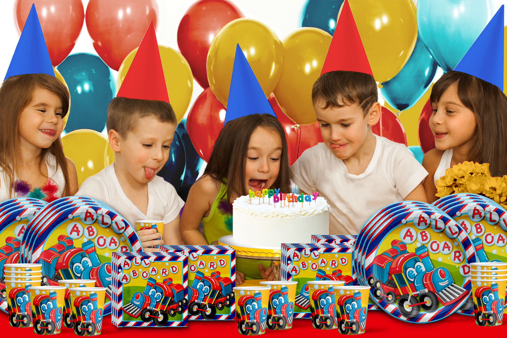 All Aboard! Train Birthday Party Tableware Kit For 16 Guests