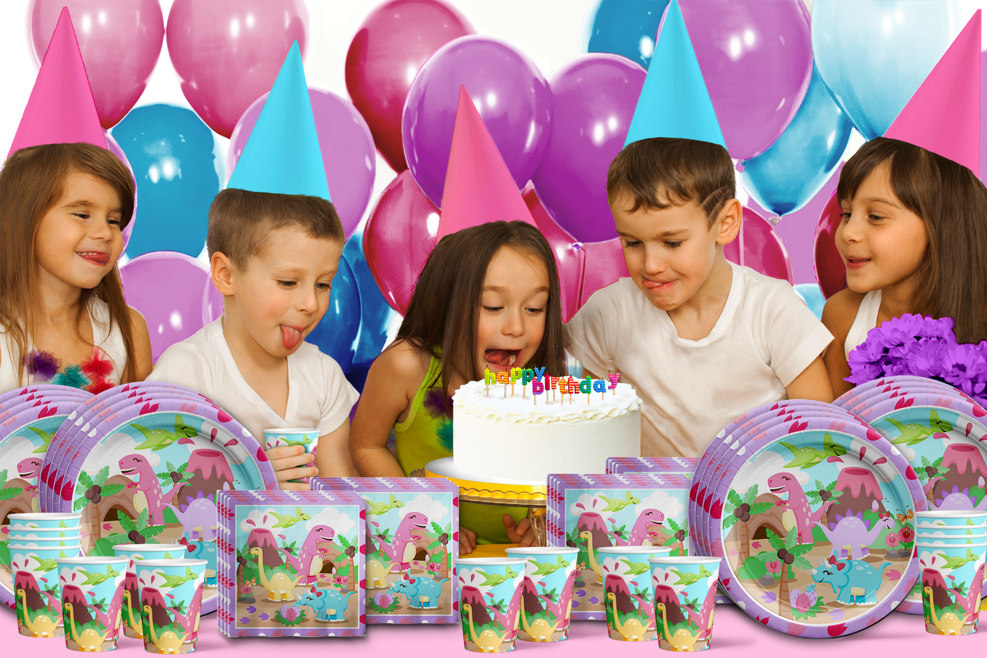 Girl Little Dino Pink Dinosaur Birthday Party Tableware Kit For 16 Guests - BirthdayGalore.com