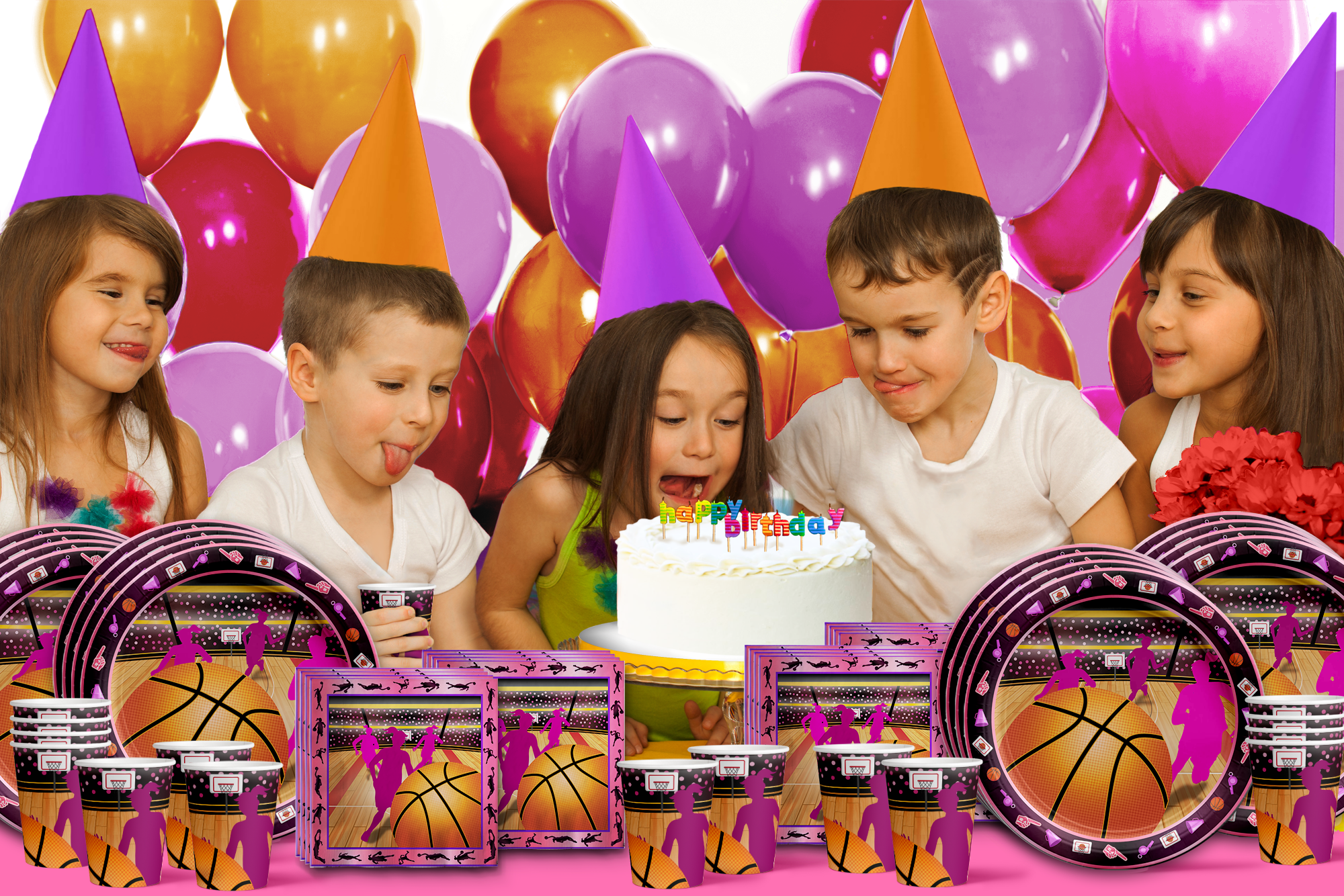 Pink Girl Basketball Birthday Party Tableware Kit For 16 Guests - BirthdayGalore.com