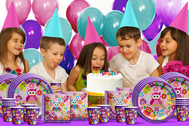 Patchwork Owl Birthday Party Tableware Kit For 16 Guests - BirthdayGalore.com