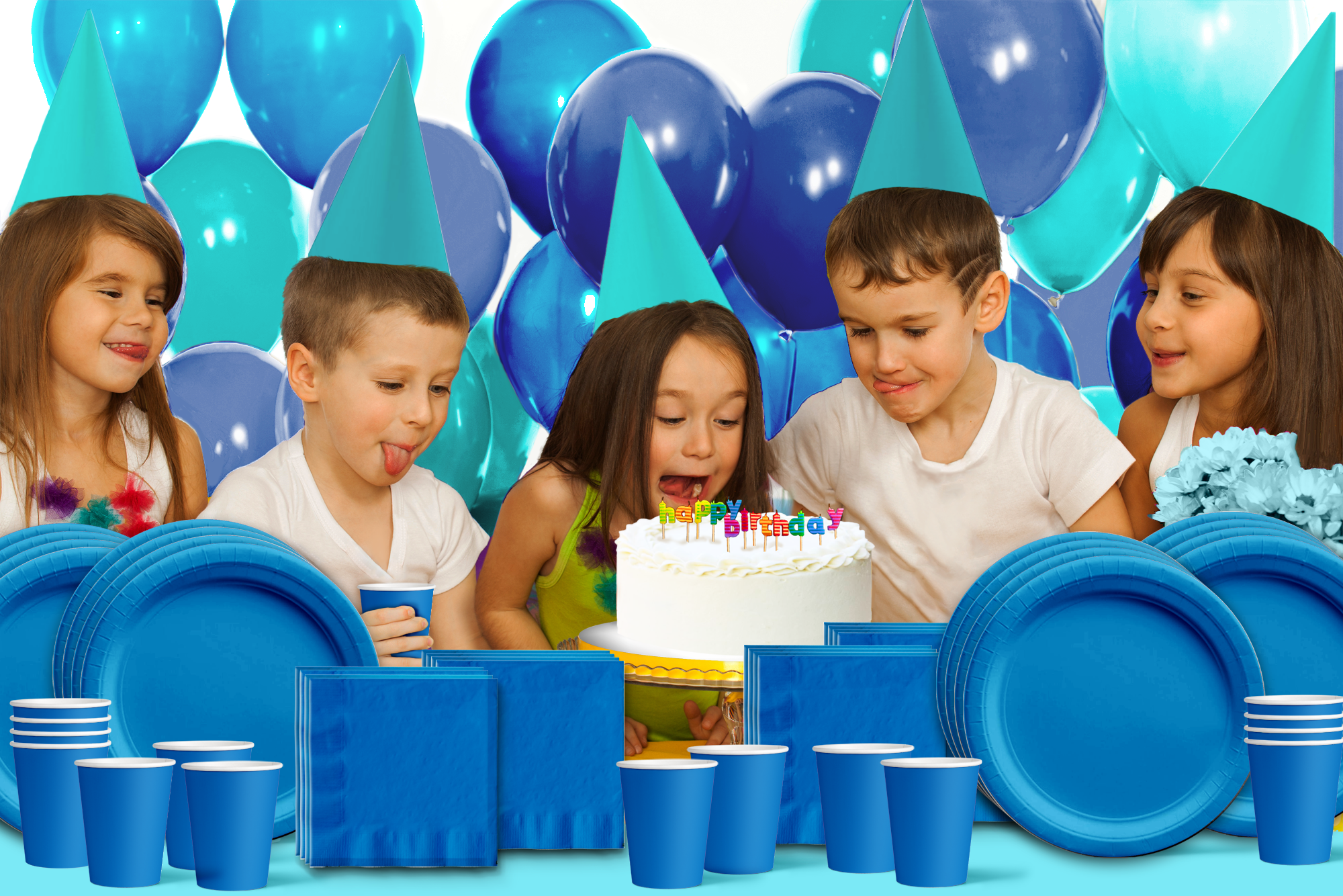 Solid Blue Birthday Party Tableware Kit For 16 Guests
