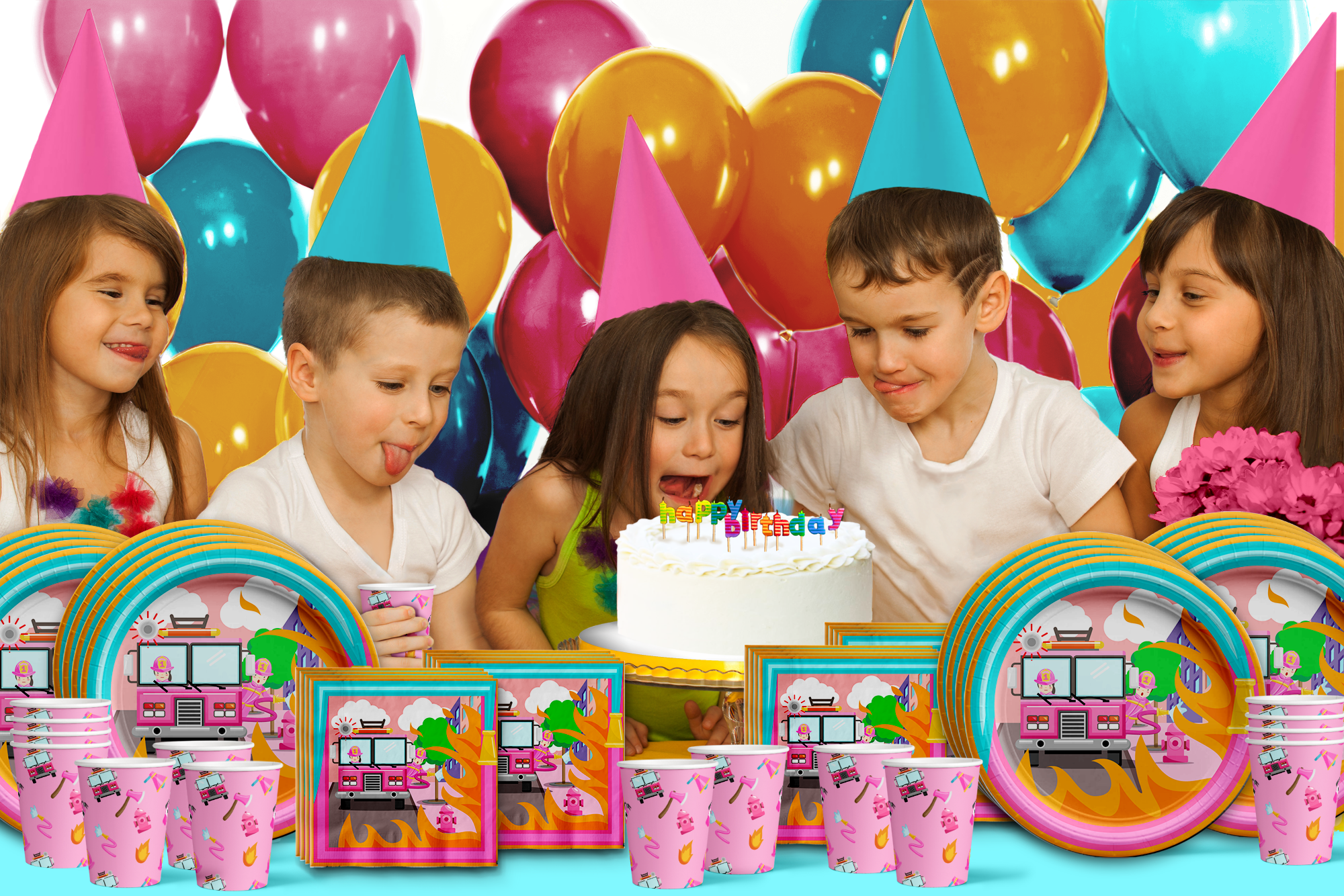 Fire Truck Girl Birthday Party Tableware Kit For 16 Guests - BirthdayGalore.com