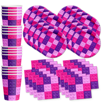 Pink Building Blocks Birthday Party Tableware Kit For 16 Guests - BirthdayGalore.com