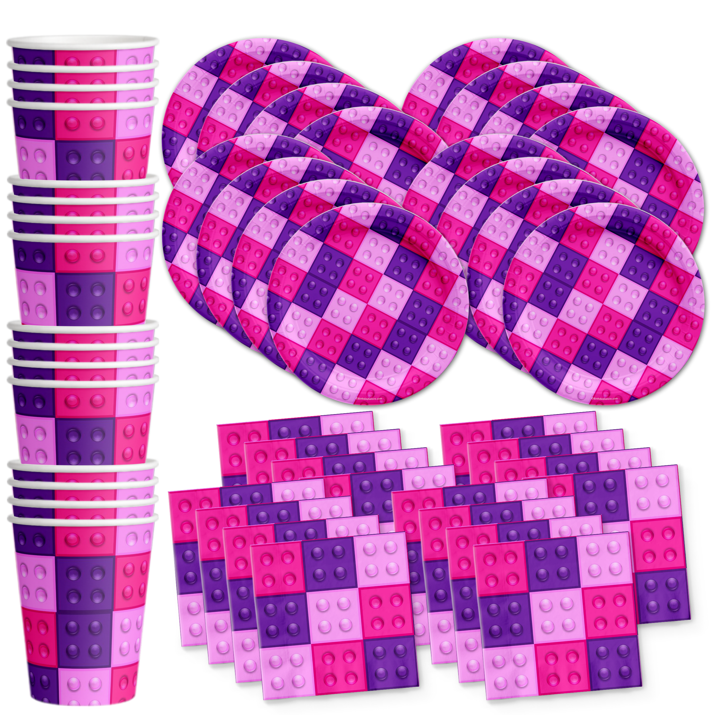 Pink Building Blocks Birthday Party Tableware Kit For 16 Guests - BirthdayGalore.com