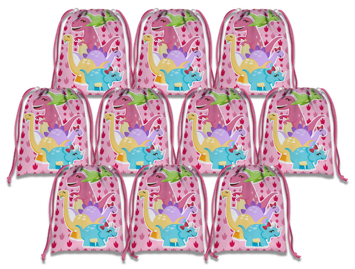 Girl Little Dino Pink Drawstring Tote Bag (10 Pack) - BirthdayGalore.com