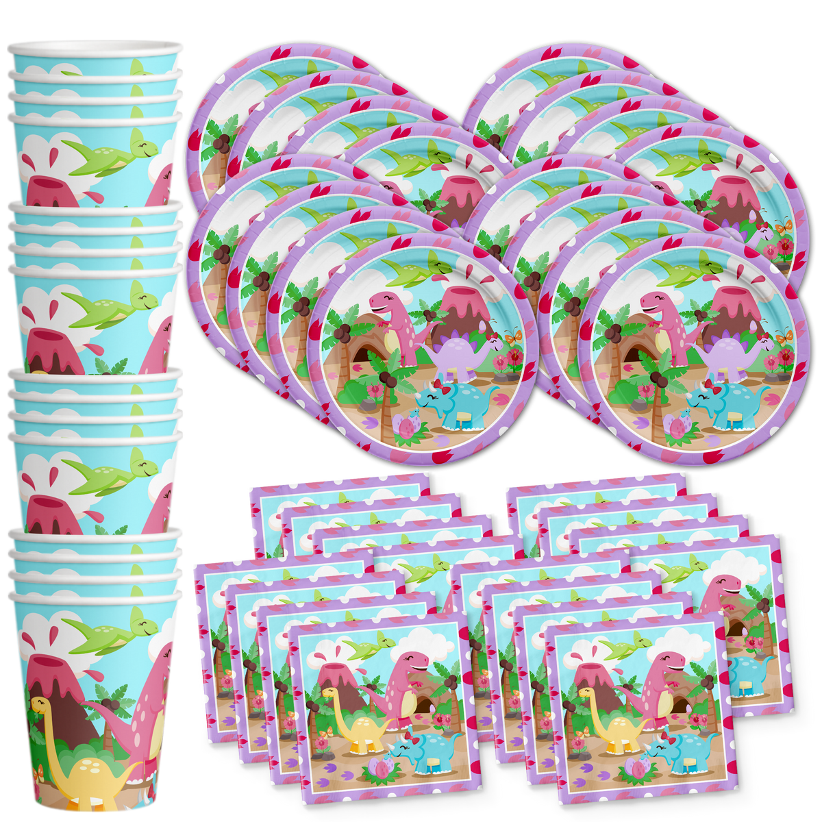 Girl Little Dino Pink Dinosaur Birthday Party Tableware Kit For 16 Guests - BirthdayGalore.com