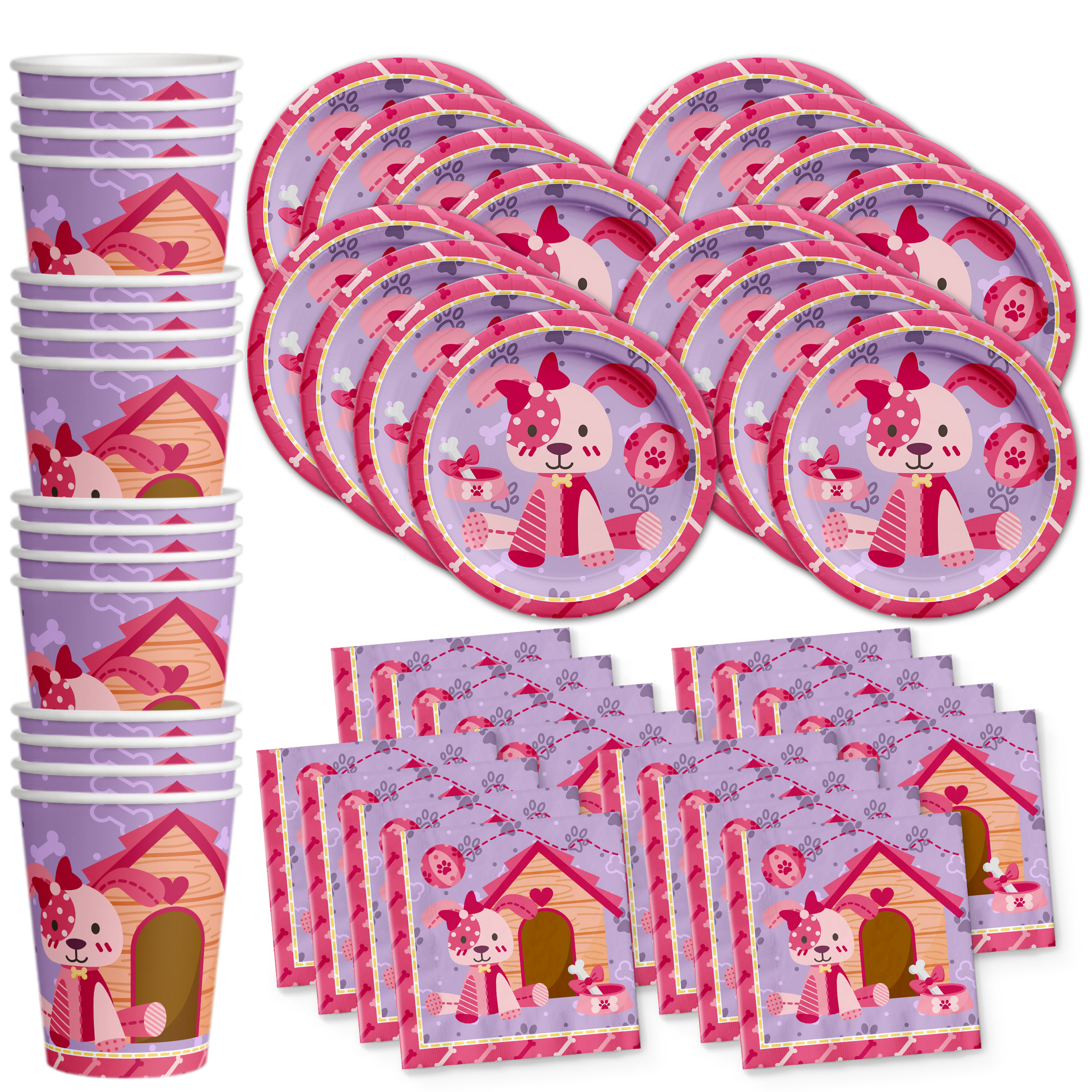 Pink Girl Puppy Dog Birthday Party Tableware Kit For 16 Guests - BirthdayGalore.com