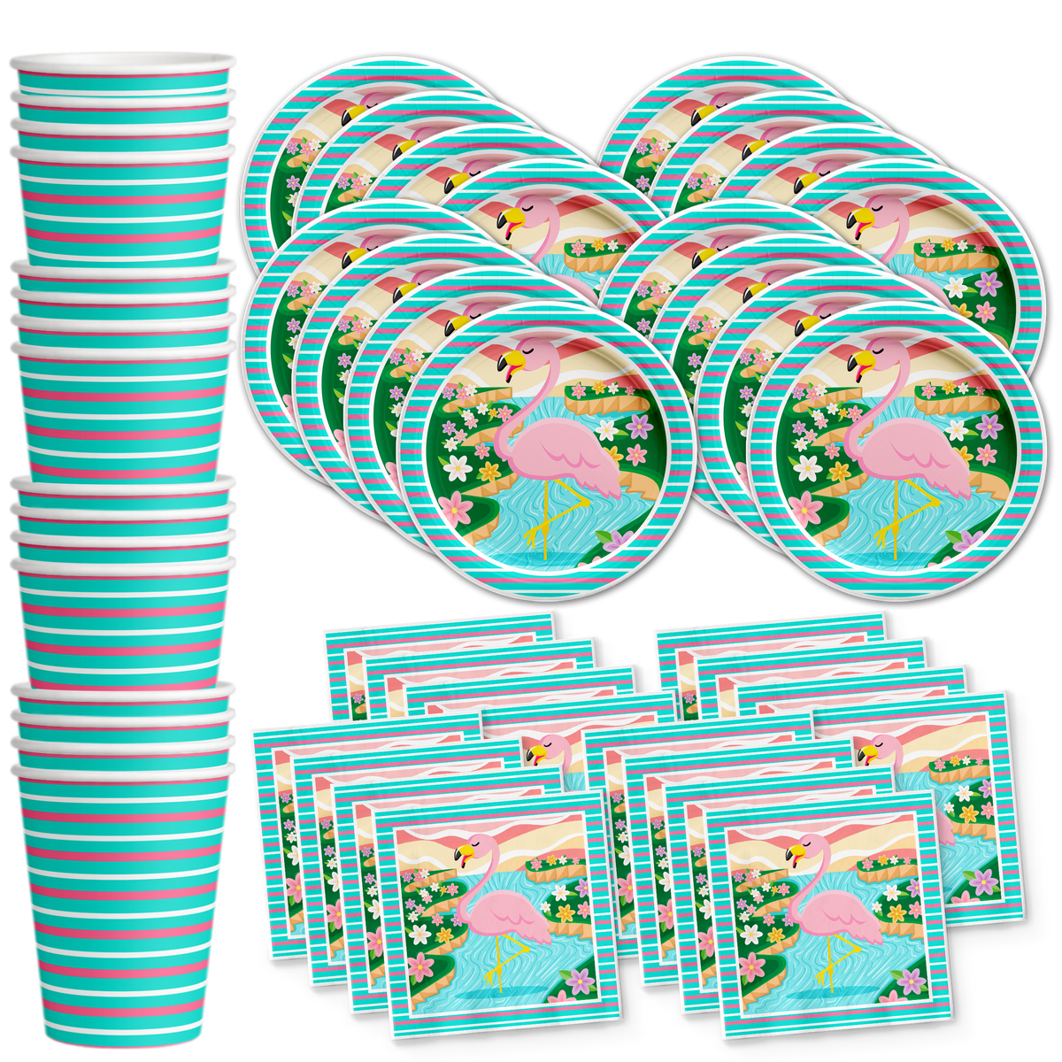 Pink Flamingo Birthday Party Tableware Kit For 16 Guests - BirthdayGalore.com