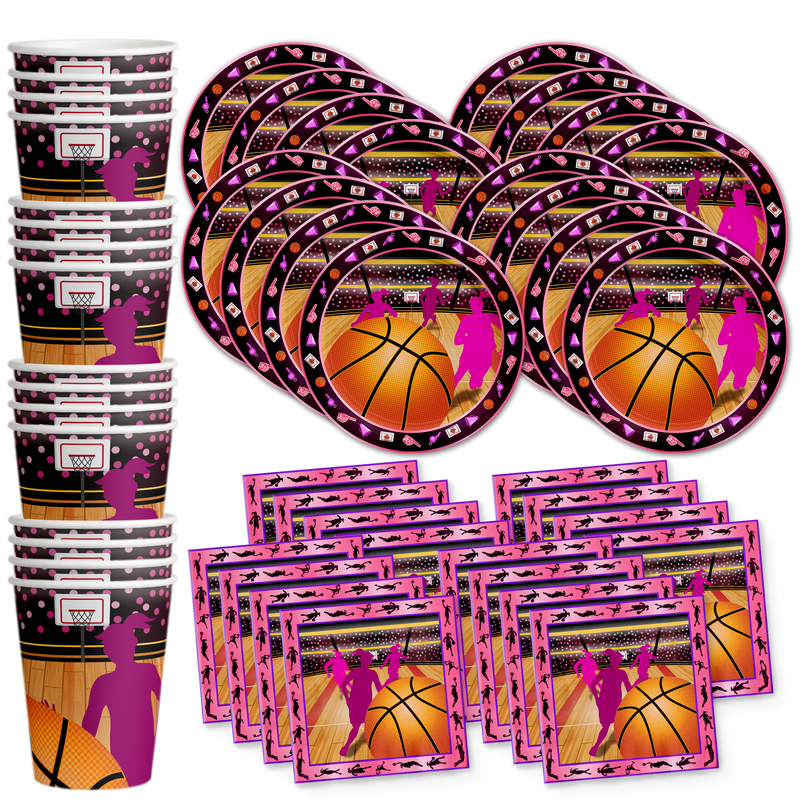 Pink Girl Basketball Birthday Party Tableware Kit For 16 Guests - BirthdayGalore.com