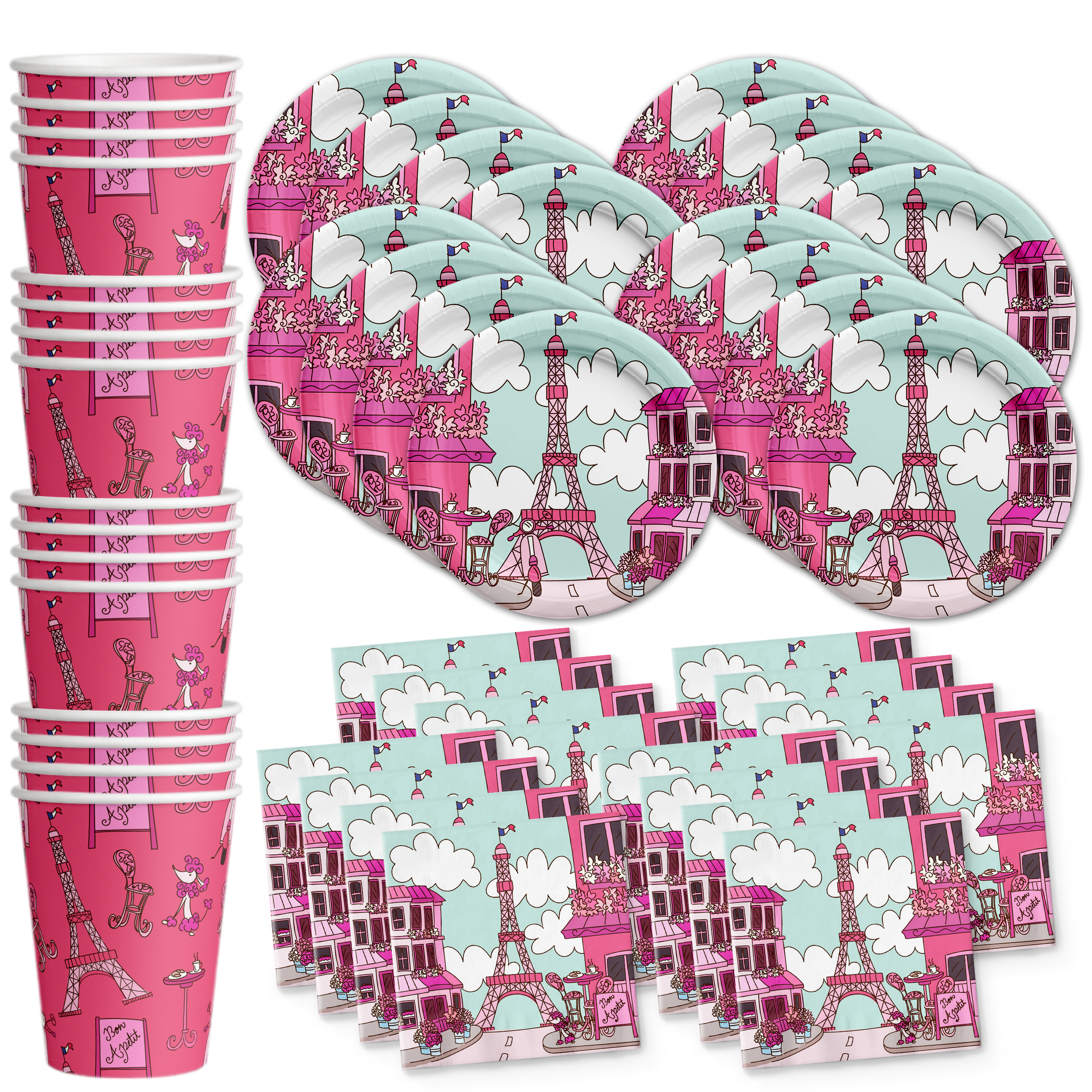 Pink Paris Birthday Party Tableware Kit For 16 Guests - BirthdayGalore.com