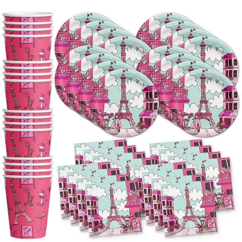 Pink Paris Birthday Party Tableware Kit For 16 Guests - BirthdayGalore.com