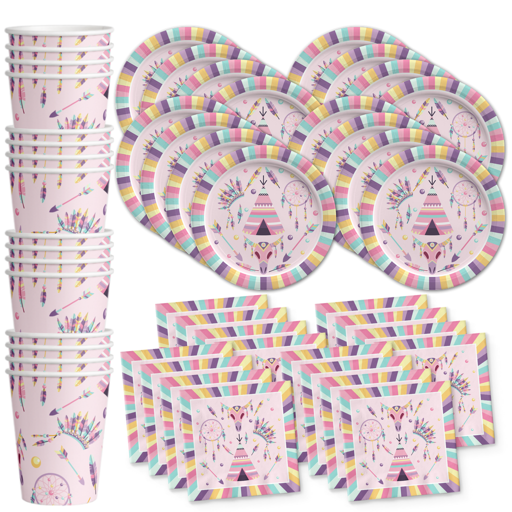 Tribal Boho Pink Birthday Party Tableware Kit For 16 Guests