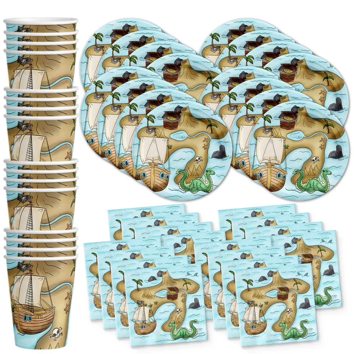 Pirate Treasure Map Birthday Party Tableware Kit For 16 Guests - BirthdayGalore.com