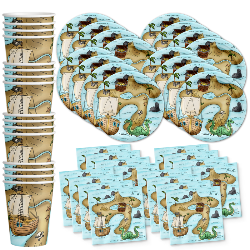 Pirate Treasure Map Birthday Party Tableware Kit For 16 Guests - BirthdayGalore.com