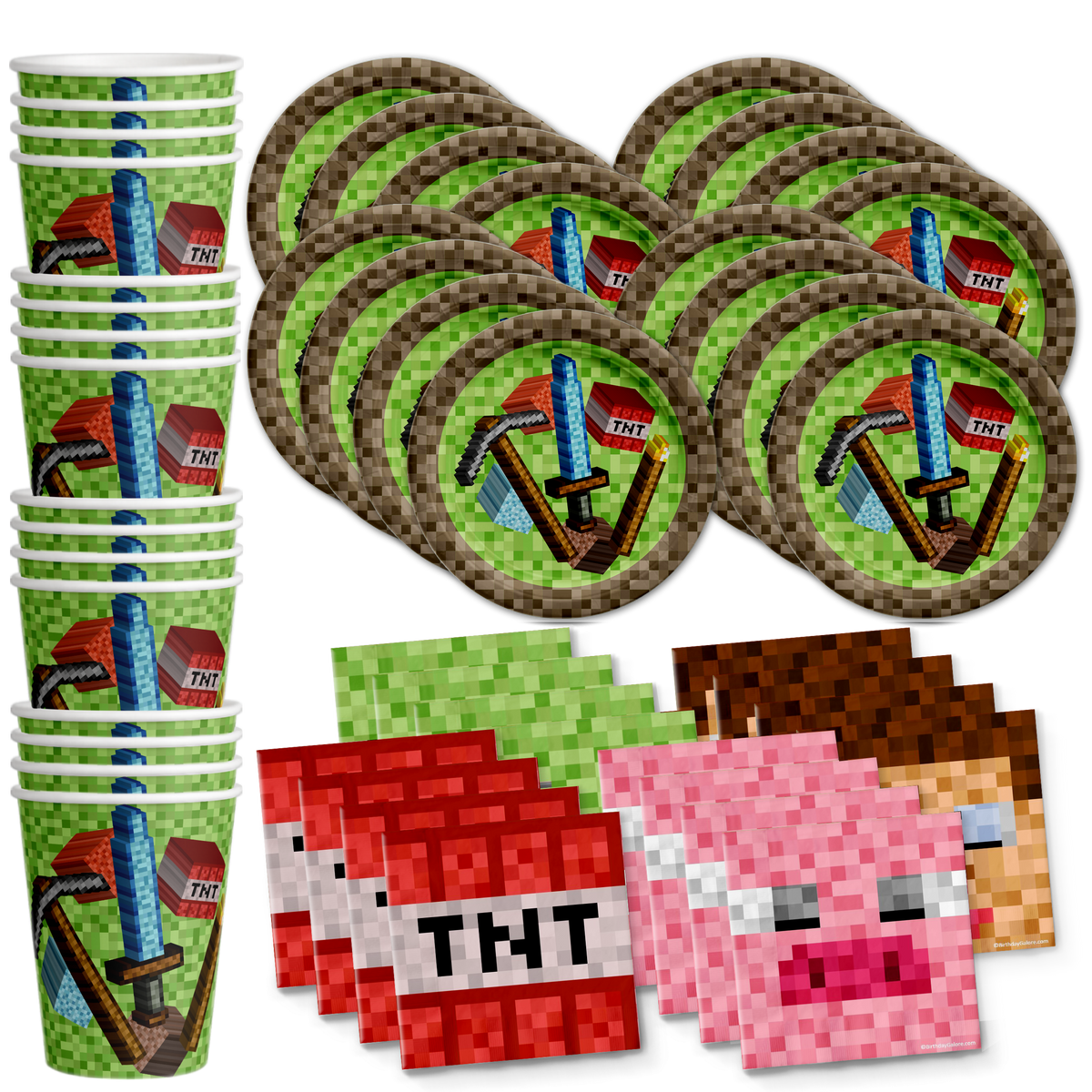 Pixel Mining Birthday Party Tableware Kit For 16 Guests - BirthdayGalore.com