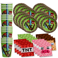 Pixel Mining Birthday Party Tableware Kit For 16 Guests - BirthdayGalore.com