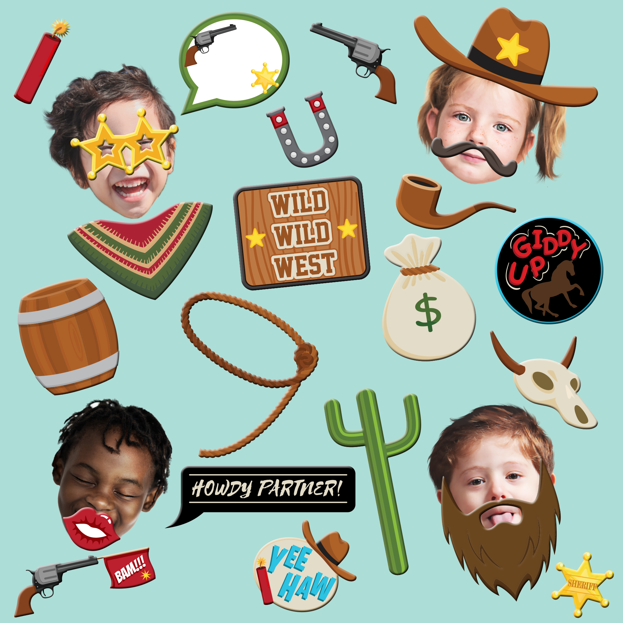 Cowboy Photo Booth Props 20pcs Assembled - BirthdayGalore.com