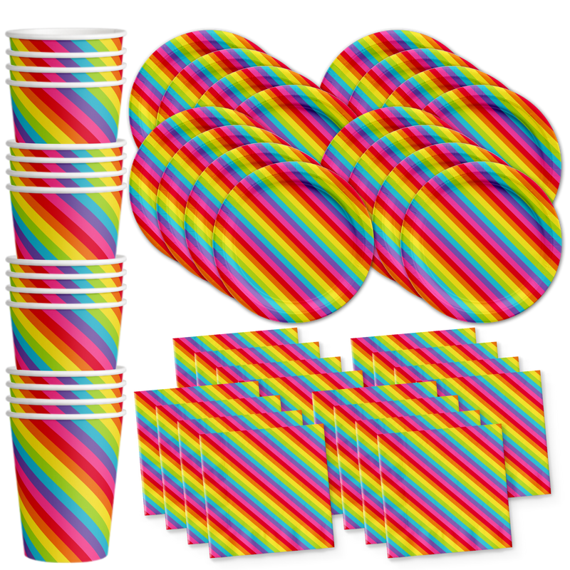 Rainbow Stripes Birthday Party Tableware Kit For 16 Guests - BirthdayGalore.com