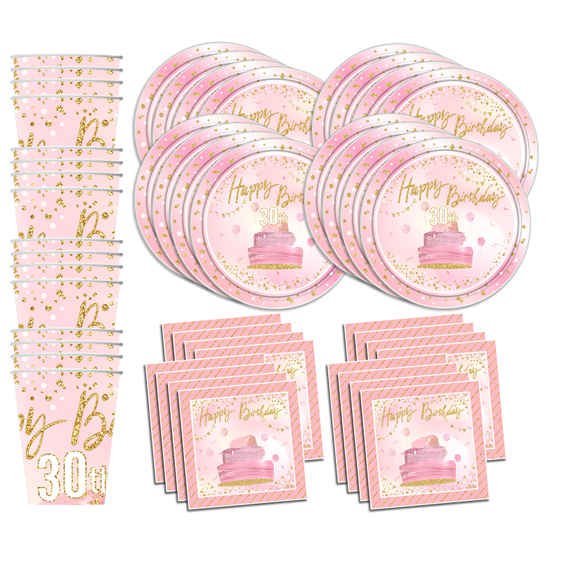 30th Pink and Gold Birthday Pink & Gold Party Tableware Kit For 16 Guests - BirthdayGalore.com