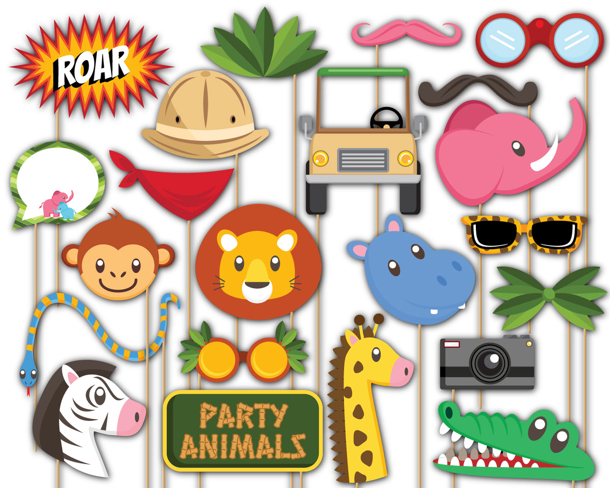 Jungle Animals Photo Booth Props 20pcs Assembled - BirthdayGalore.com