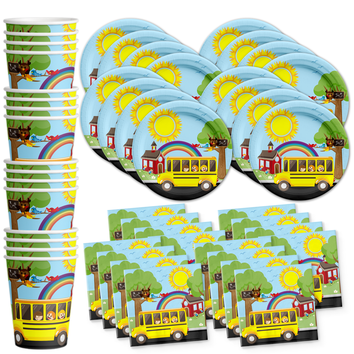 School Bus Birthday Party Tableware Kit For 16 Guests - BirthdayGalore.com